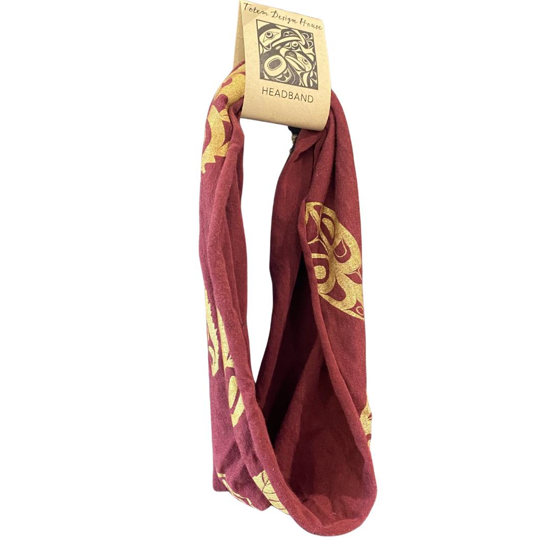 Side view of womens hand printed headband by indigenous artist