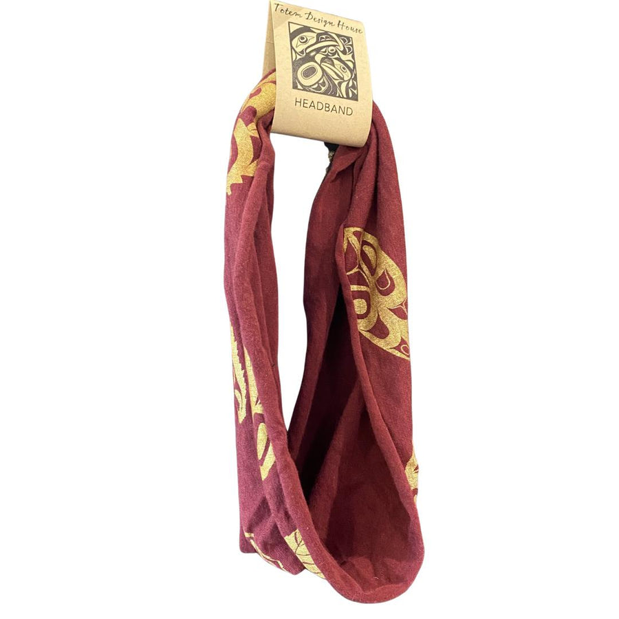 Side view of womens hand printed headband by indigenous artist