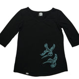 Front view of womens organic cotton top by indigenous artist featuring hummingbirds in black