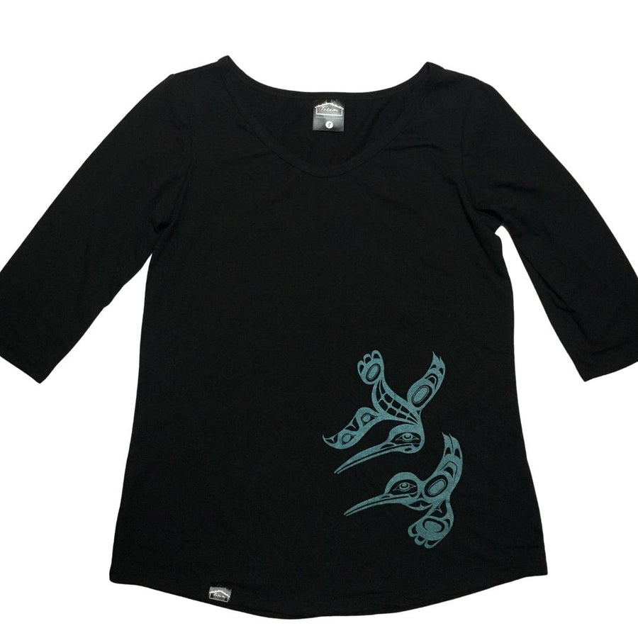 Front view of womens organic cotton top by indigenous artist featuring hummingbirds in black