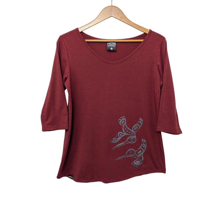 Front view of womens organic cotton top by indigenous artist featuring hummingbirds in purple