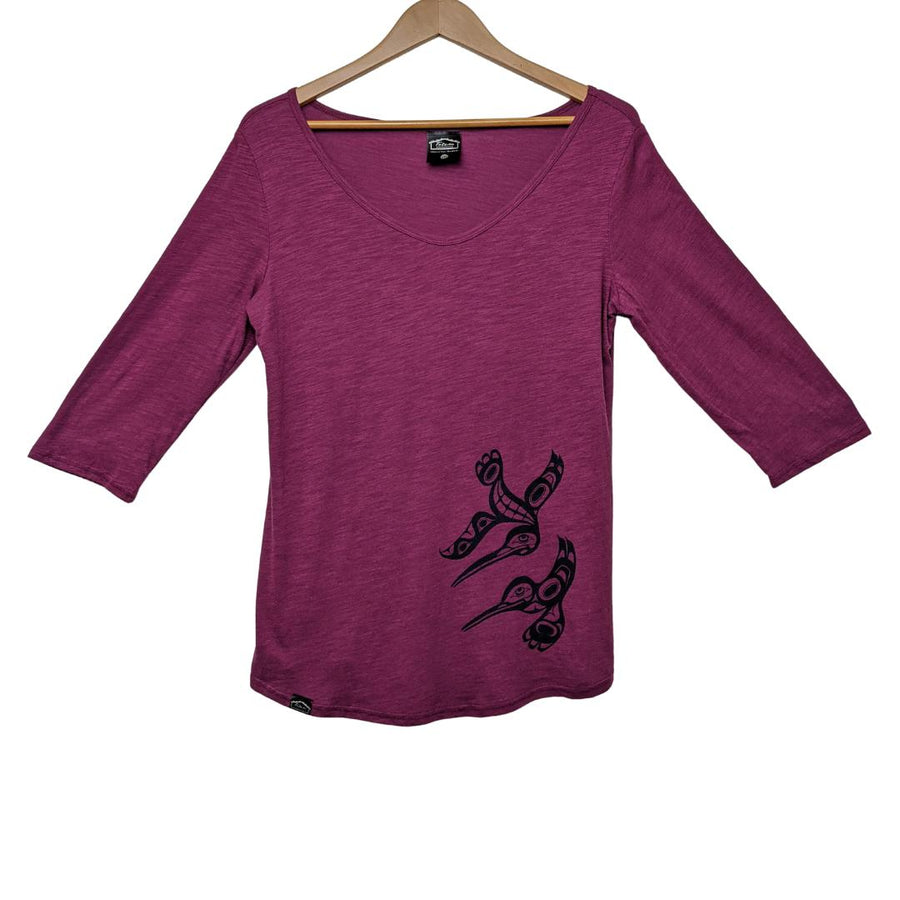 Front view of womens organic cotton top by indigenous artist featuring hummingbirds