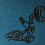 Close up view of womens organic cotton top by indigenous artist featuring the killer whale