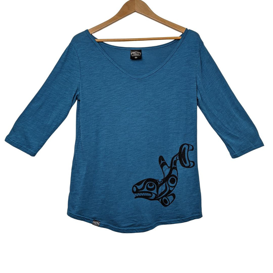 Womens organic cotton top by indigenous artist featuring the killer whale