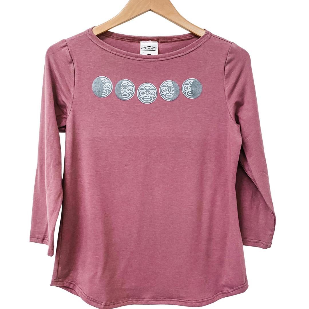 Front view of womens top created by indigenous artist called moon phase