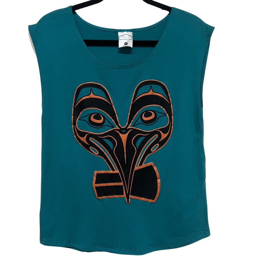 Front view of womens top created by indigenous artist featuring the raven copper