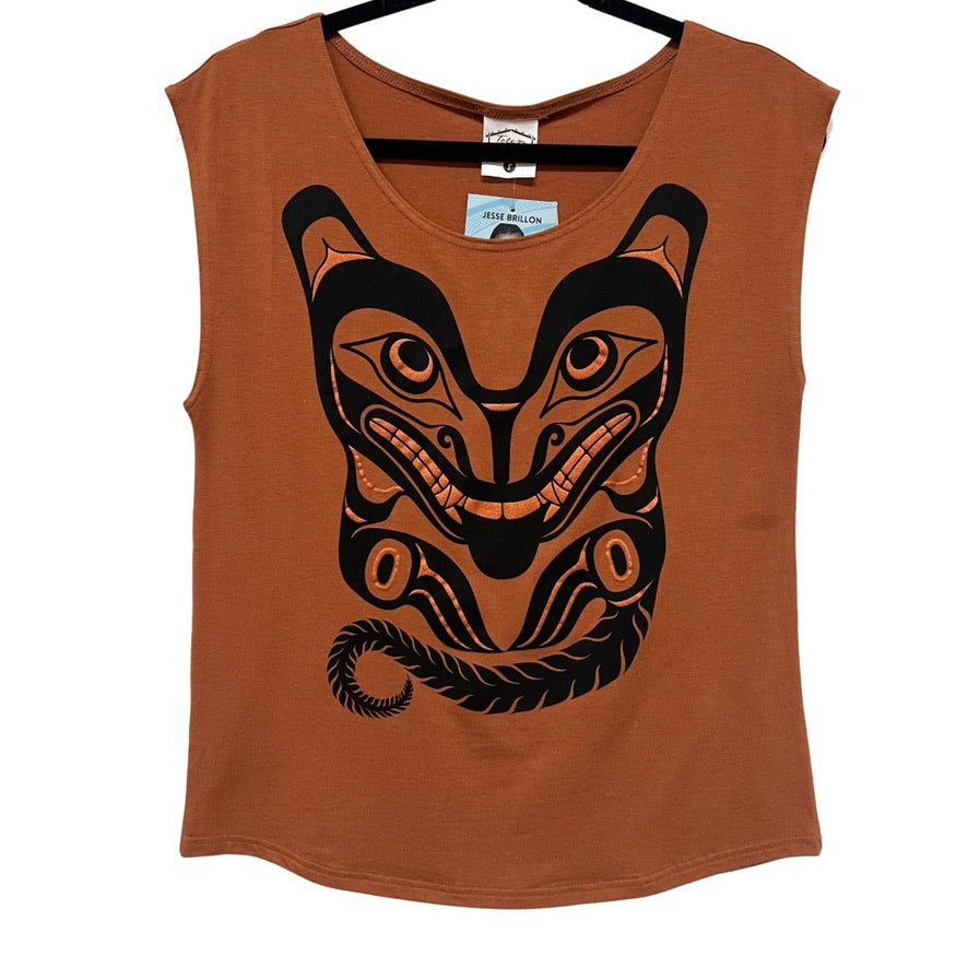 Front view of womens top created by indigenous artist featuring the wolf  2