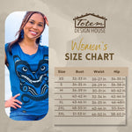 Front view of womens top created by indigenous artist featuring the wolf  size chart 2