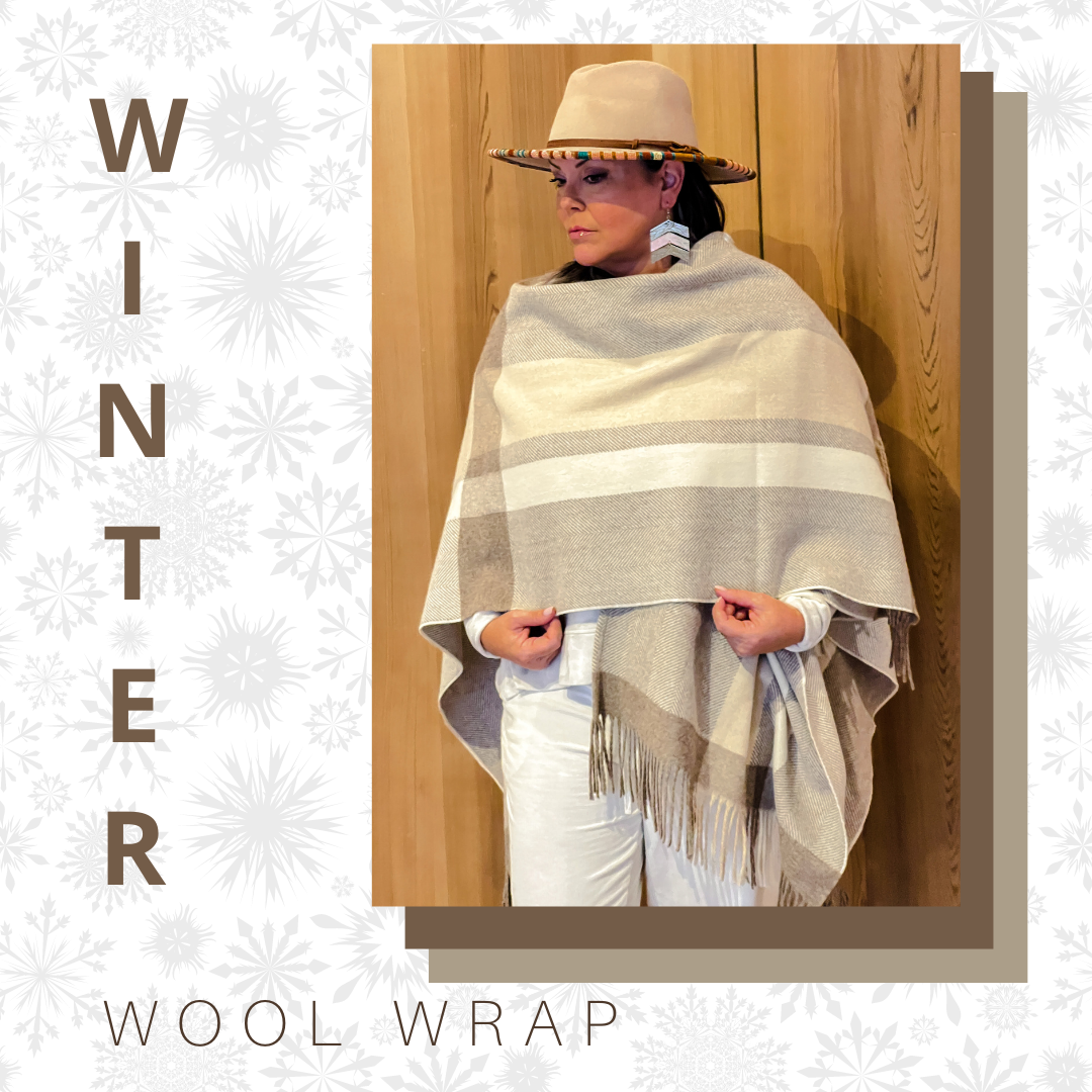 Model wearing womens wool wrap created by indigenous artist on mannequin
