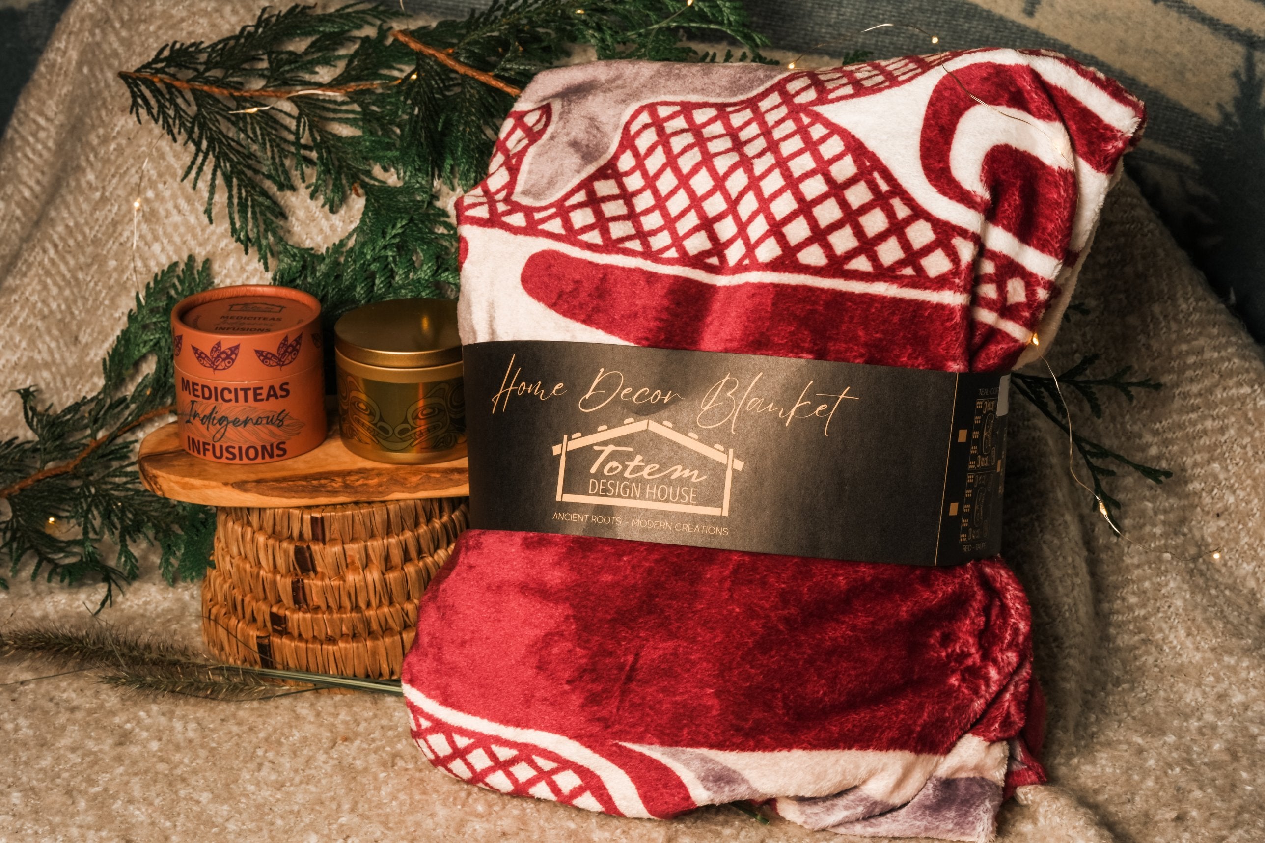 Cozy Night In: Premium Fleece Blanket by Andy Everson, MediciTeas tin and Illuminated Intentions candle