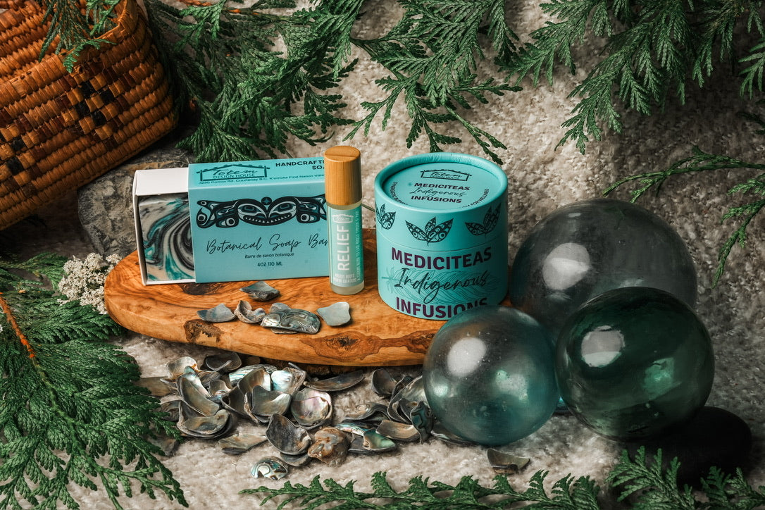 Daily Ritual Set – Relief: Black Keemun MediciTeas tin, Relief roll-on and Killer Whale Coastal Storm botanical soap