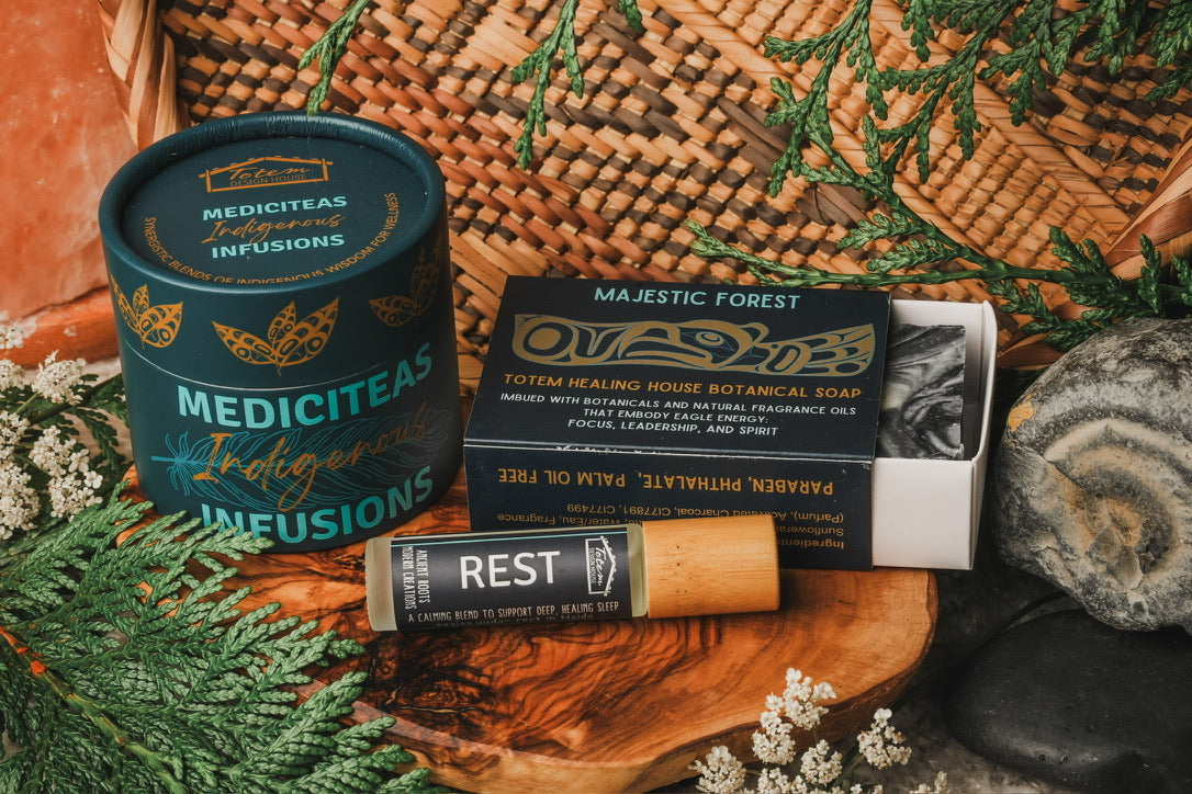 Daily Ritual Set – Rest: Sweet Dreams MediciTeas tin, Rest roll-on and Eagle Majestic Forest botanical soap
