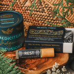 Daily Ritual Set – Rest: Sweet Dreams MediciTeas tin, Rest roll-on and Eagle Majestic Forest botanical soap