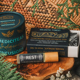 Daily Ritual Set – Rest: Sweet Dreams MediciTeas tin, Rest roll-on and Eagle Majestic Forest botanical soap