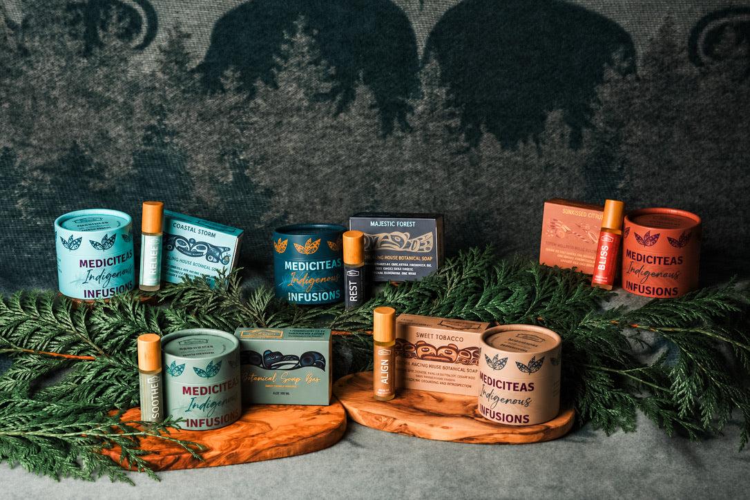 All five Daily Ritual Sets: Relief, Rest, Bliss, Soothe and Align, each with a MediciTeas tin, roll-on and botanical soap
