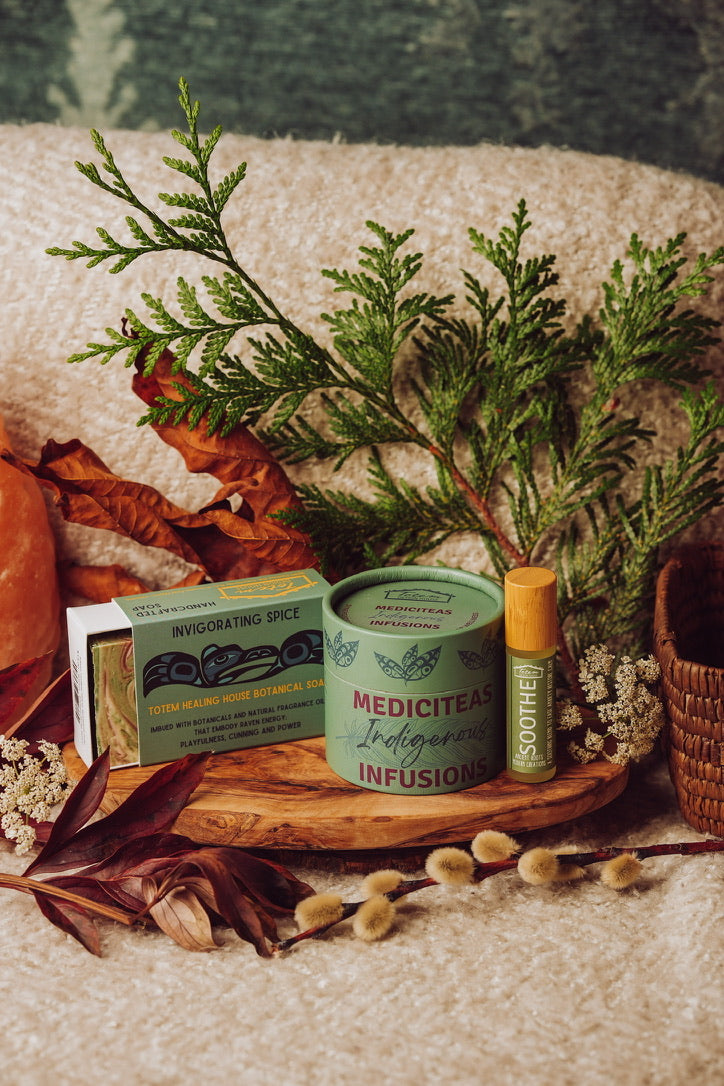 Daily Ritual Set – Soothe: Green Tea MediciTeas tin, Soothe roll-on and Raven Invigorating Spice botanical soap