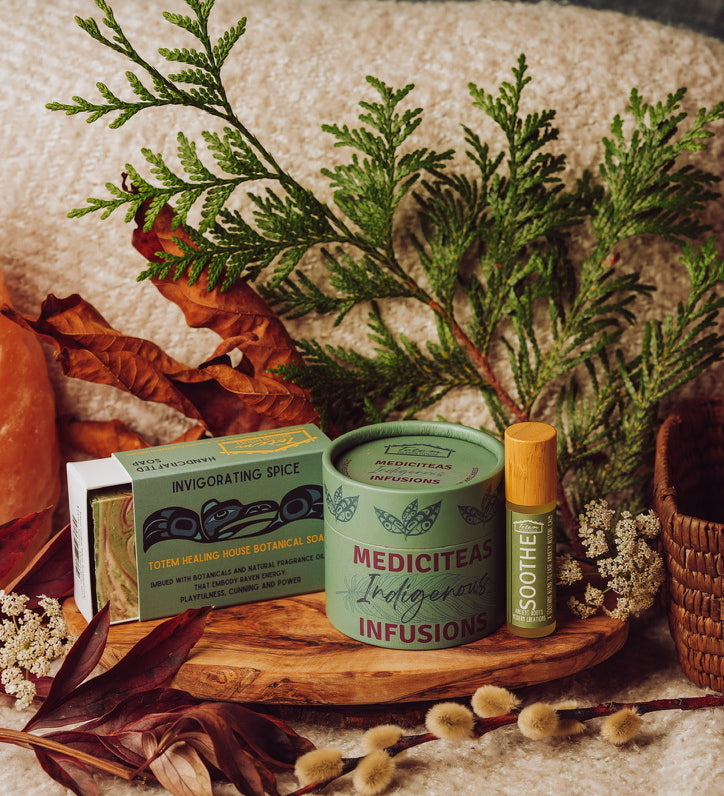 Daily Ritual Set – Soothe: Green Tea MediciTeas tin, Soothe roll-on and Raven Invigorating Spice botanical soap
