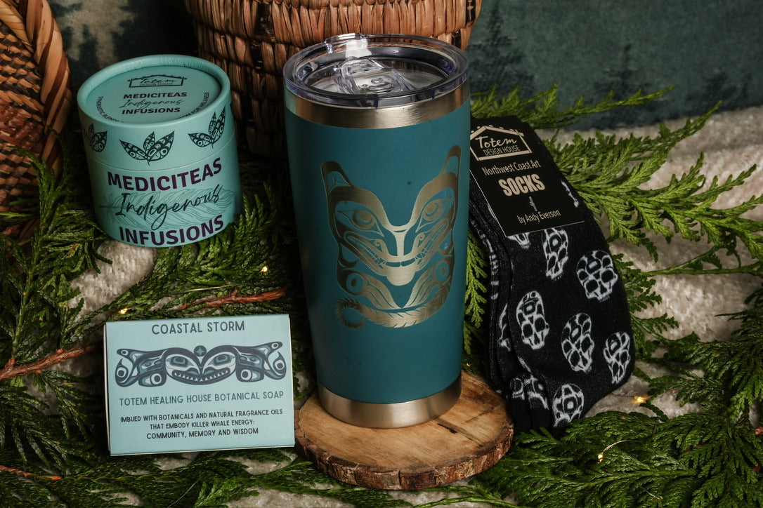 For Him: 20 oz stainless steel travel mug, Black Keemun MediciTeas tin, Killer Whale Coastal Storm botanical soap and Bamboo Socks by Andy Everson