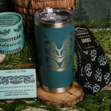 For Him: 20 oz stainless steel travel mug, Black Keemun MediciTeas tin, Killer Whale Coastal Storm botanical soap and Bamboo Socks by Andy Everson