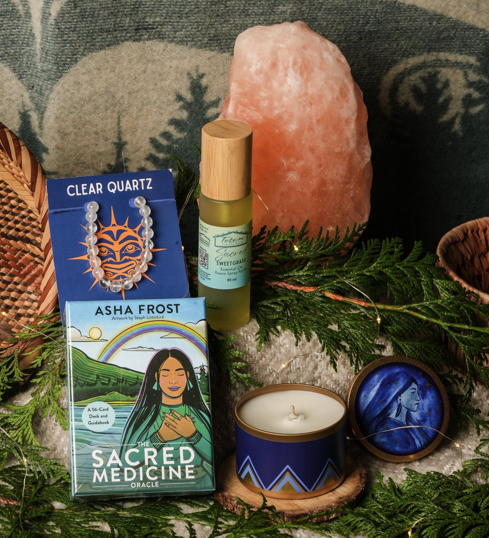 Friendship Set: Clear Quartz crystal bracelet, Sacred Sweetgrass spray, Star Woman candle and The Sacred Medicine Oracle by Asha Frost