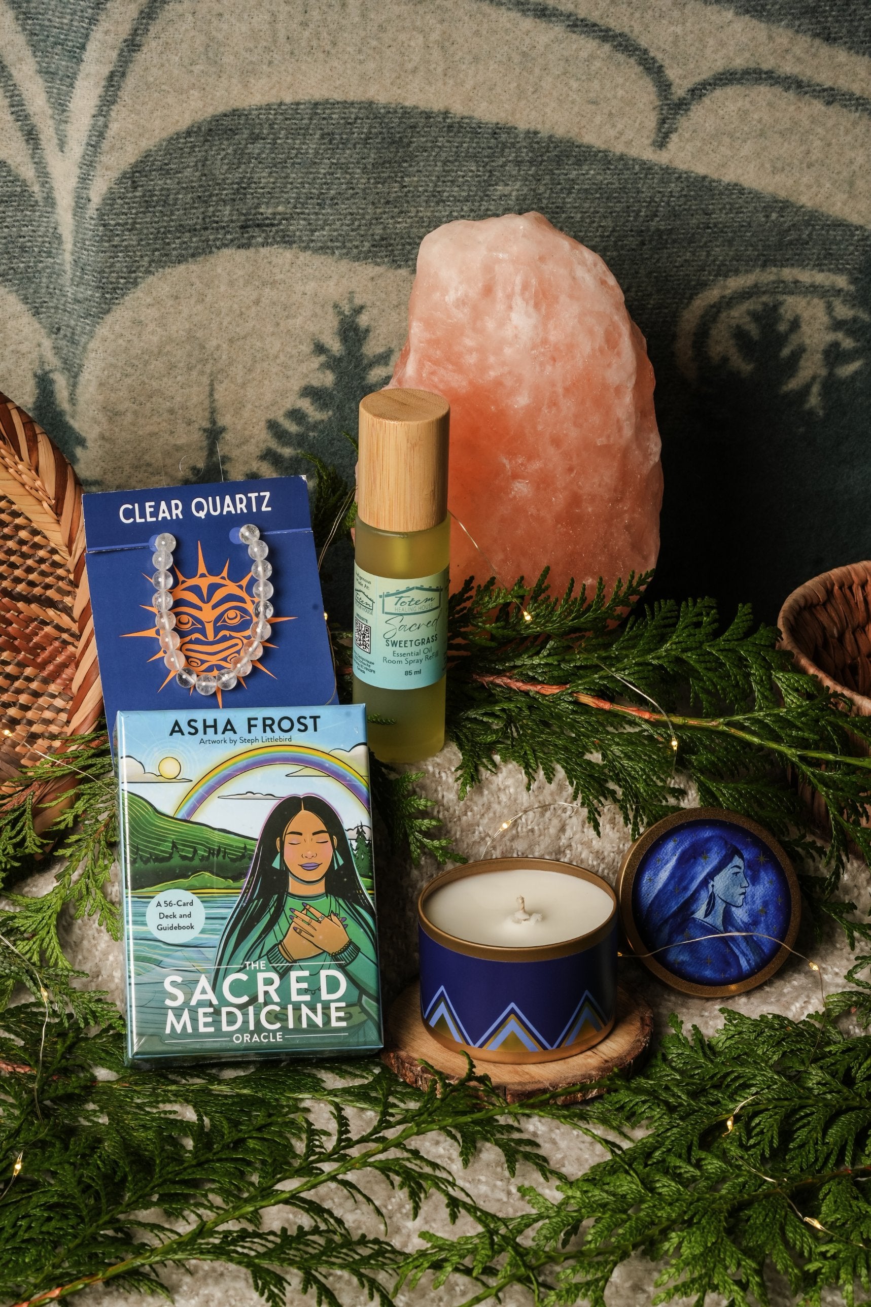 Friendship Set: Clear Quartz crystal bracelet, Sacred Sweetgrass spray, Star Woman candle and The Sacred Medicine Oracle by Asha Frost