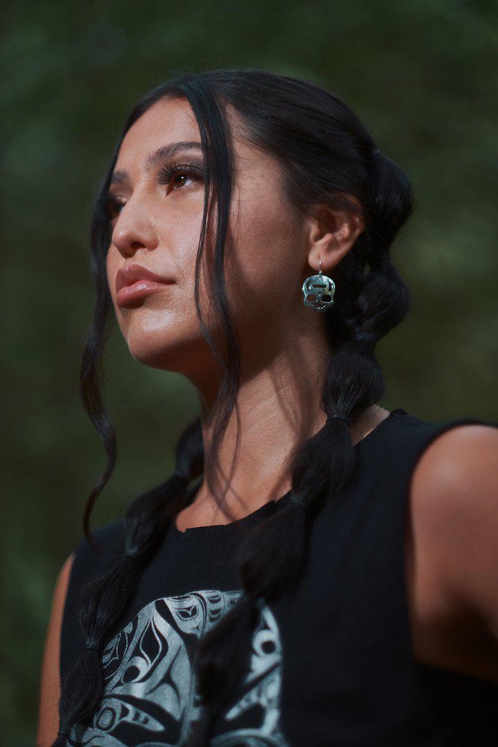 Close up up view of ancestral skull earrings by indigenous artist sterling silver 2