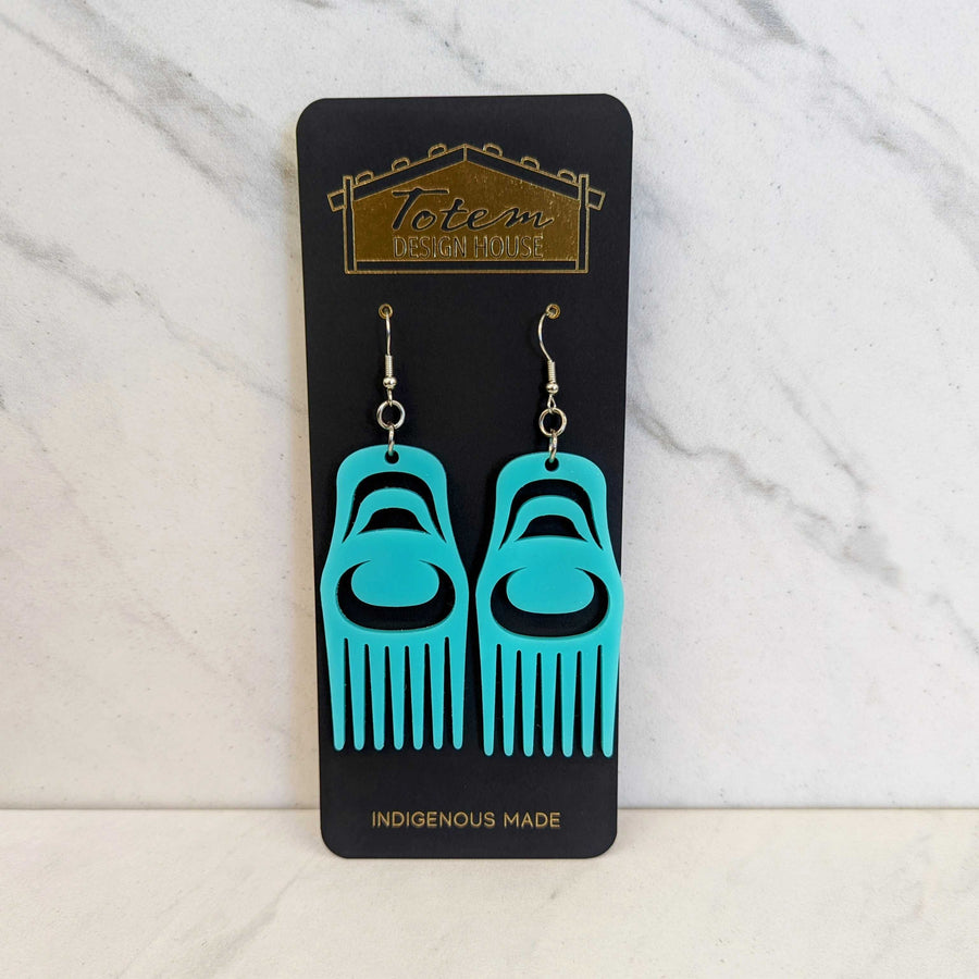 Close up up of comb earrings by indigenous artist acrylic 4