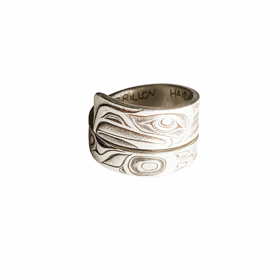 Close up of eagle wrap ring by indigenous artist silver 2