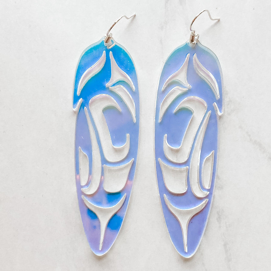Close up of feather earrings by indigenous artist acrylic 6