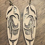 Close up of feather earrings by indigenous artist leather 3