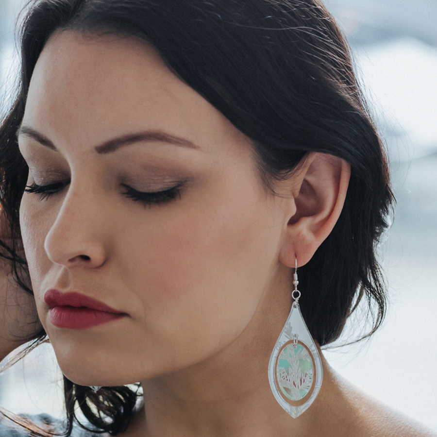 Close up of medicine collection earrings by indigenous artist acrylic 10