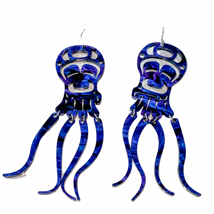 Close up of octopus earrings by indigenous artist acrylic 2