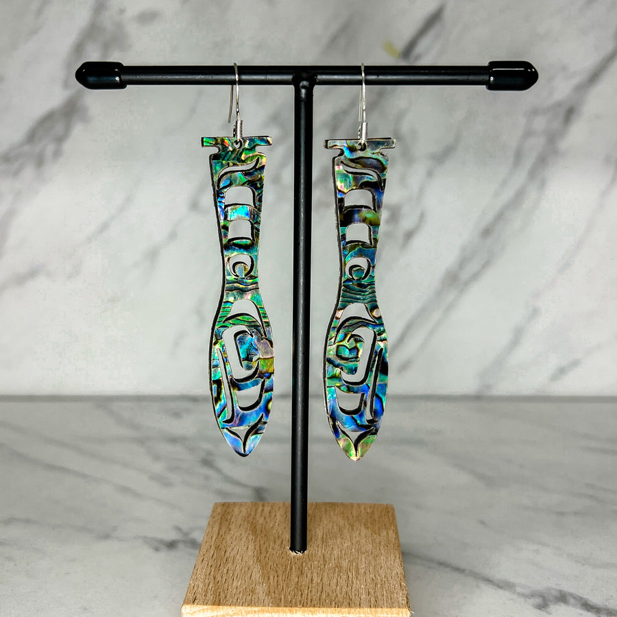 Close up of paddle acrylic and abalone earrings by indigenous artist 3