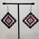 Close up up of plains points earrings by indigenous artist acrylic 2