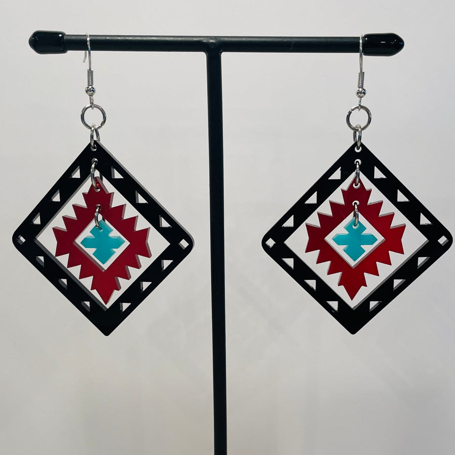 Close up up of plains points earrings by indigenous artist acrylic 2