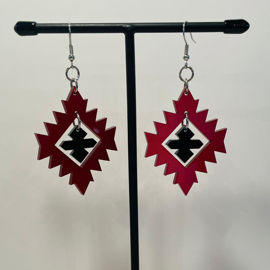 Close up up of plains points earrings by indigenous artist acrylic 5