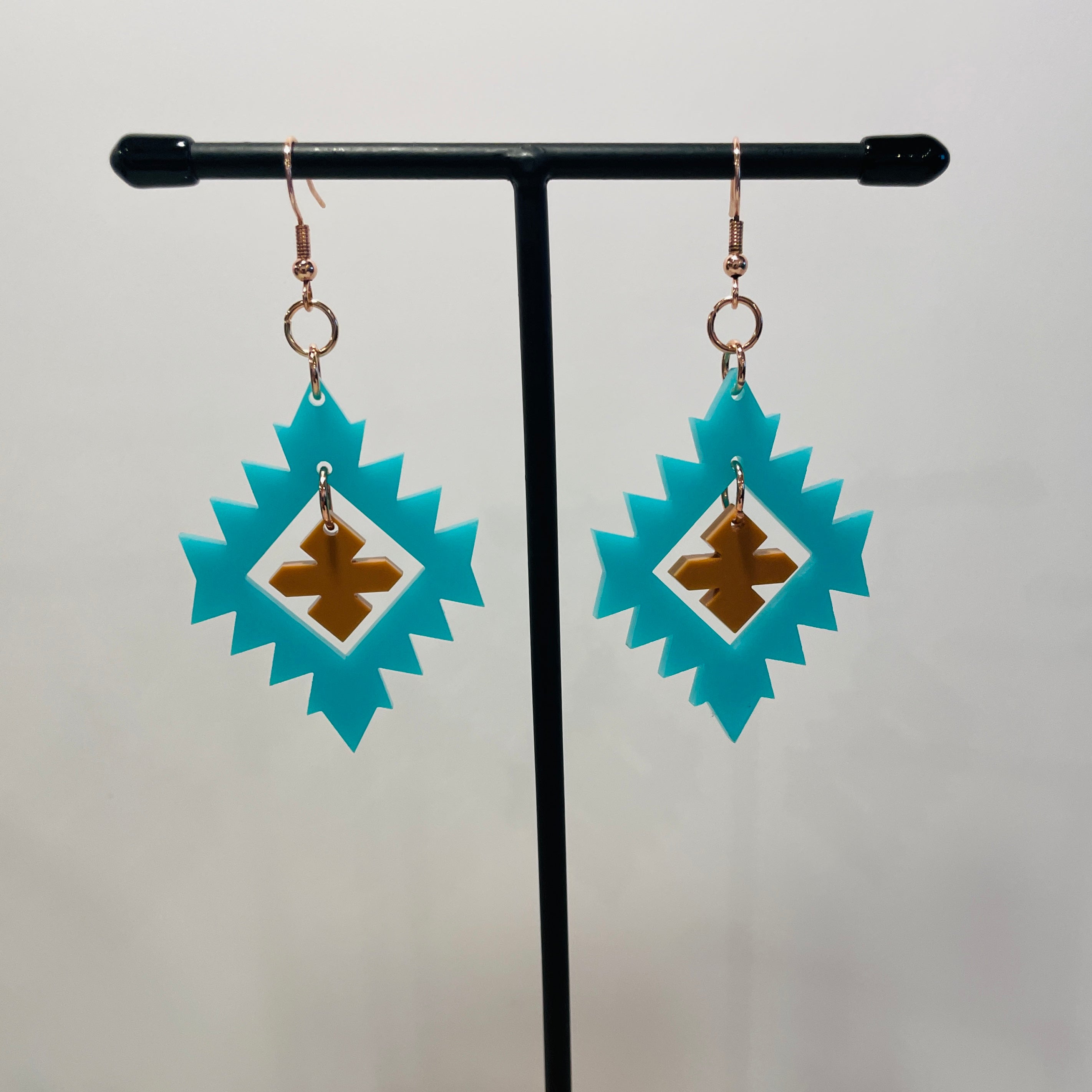 Close up up of plains points earrings by indigenous artist acrylic 6