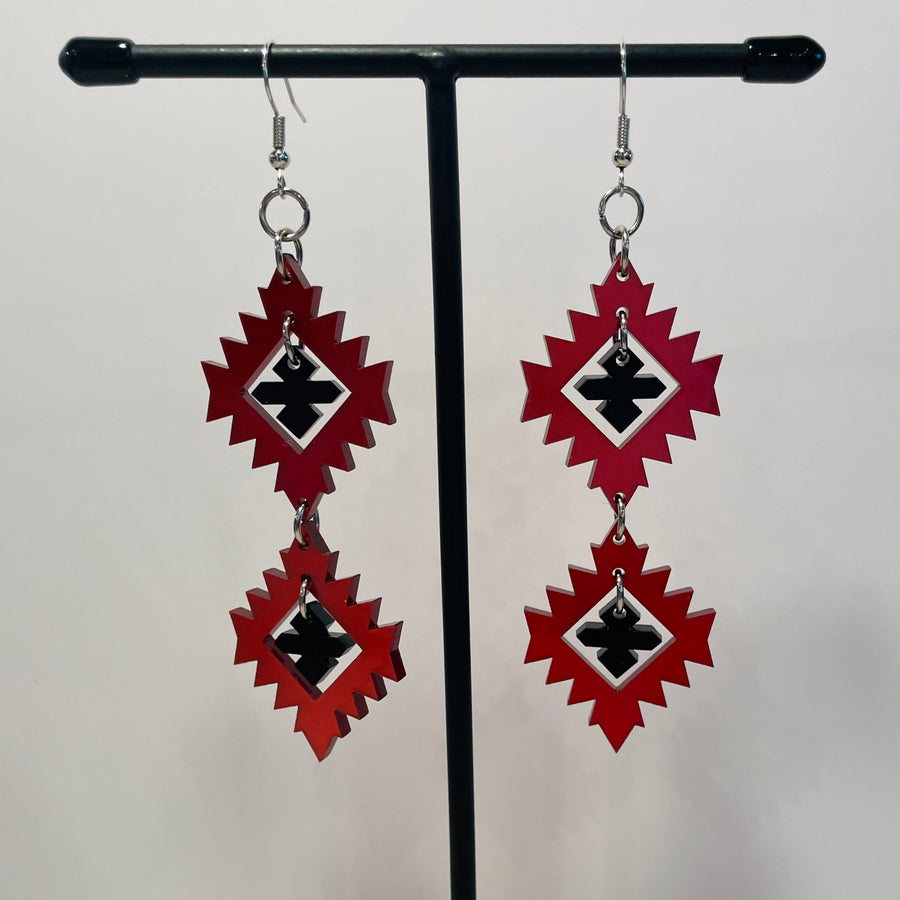 Close up up of plains points earrings by indigenous artist acrylic 7