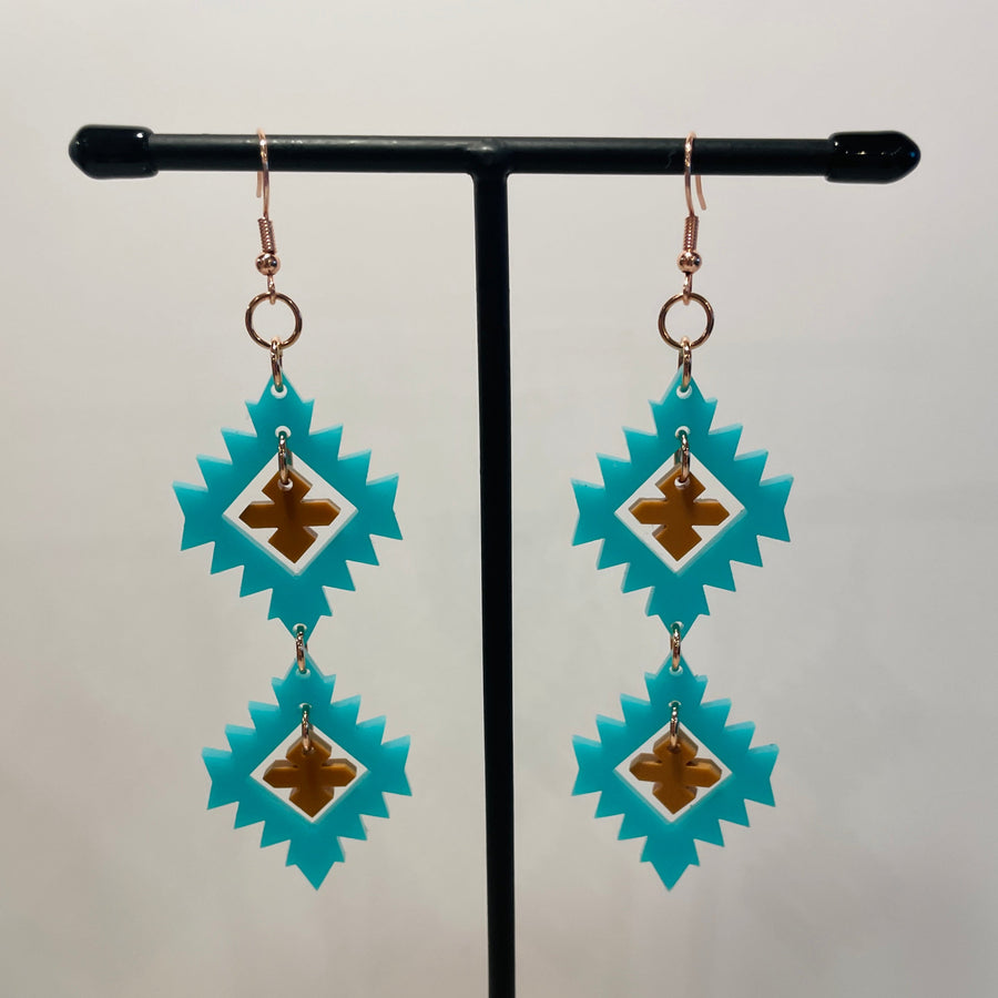 Close up up of plains points earrings by indigenous artist acrylic 8