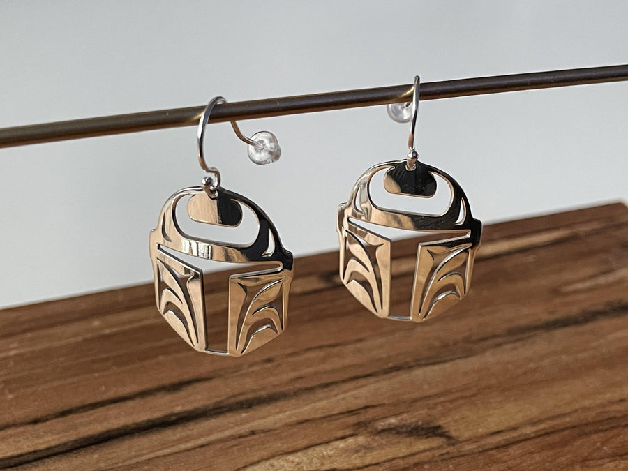 Close up of Protector earrings by indigenous artist sterling silver 2