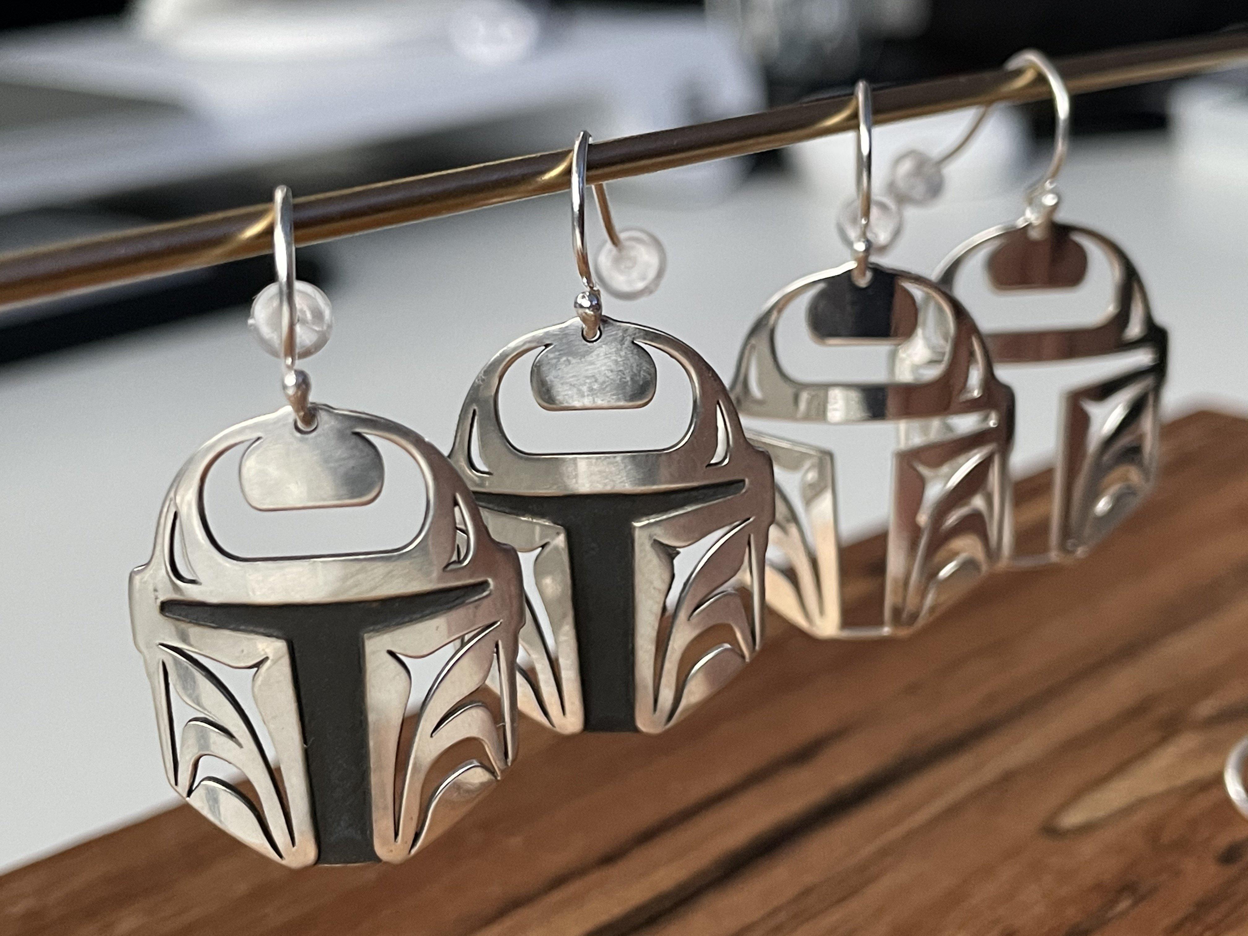 Close up of Protector earrings by indigenous artist sterling silver 3