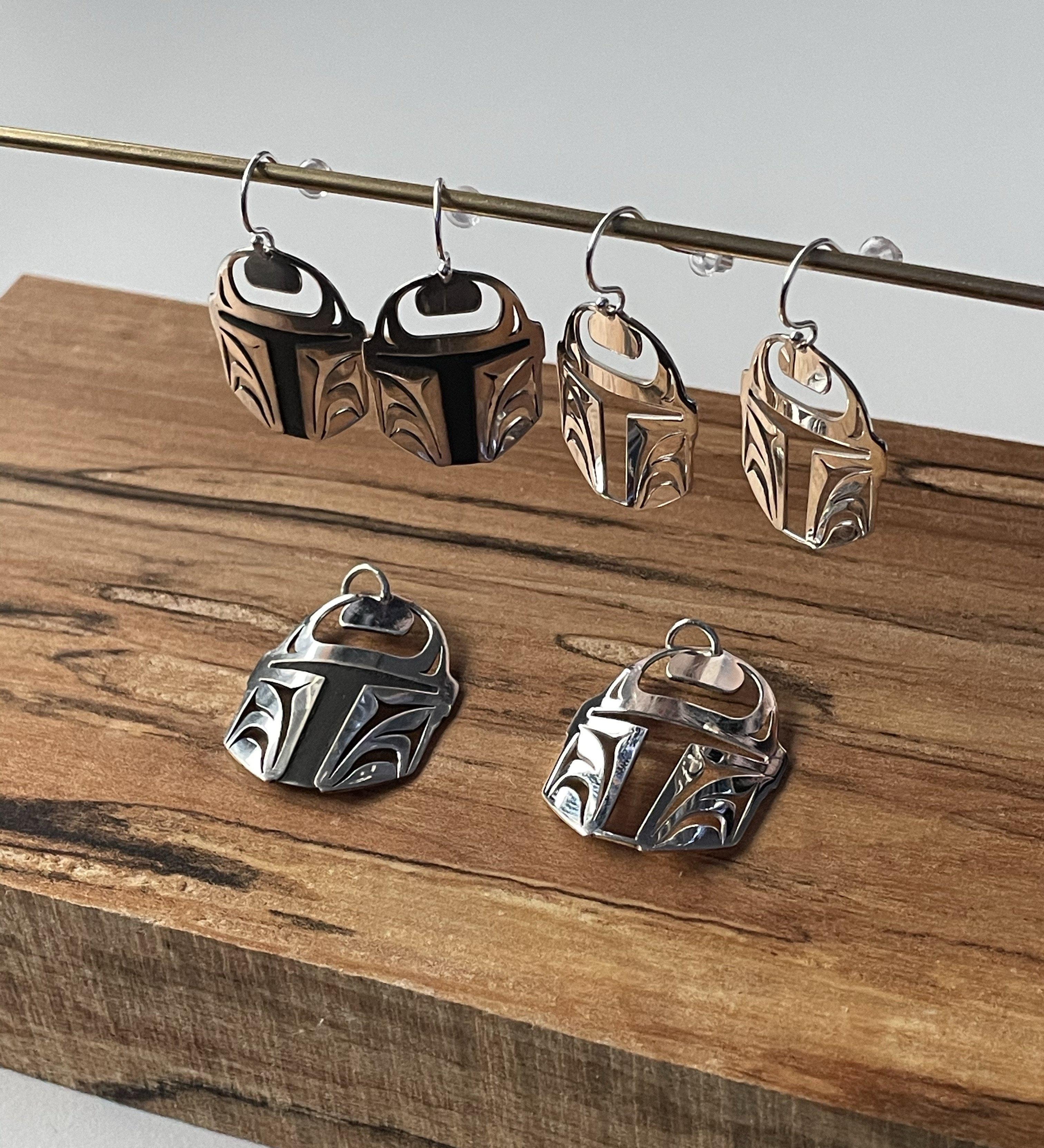 Close up of Protector earrings by indigenous artist sterling silver 4