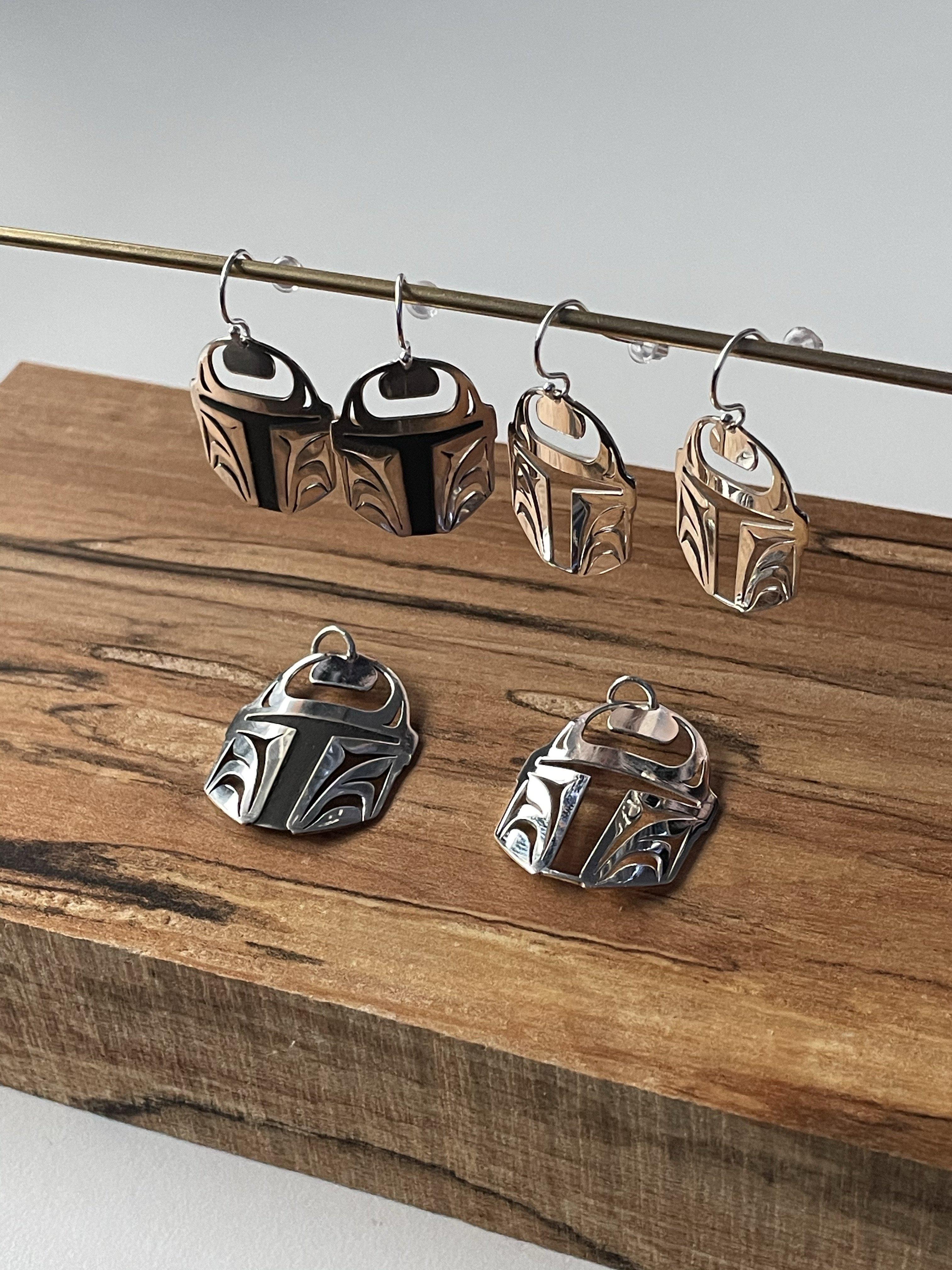 Close up of Protector earrings by indigenous artist sterling silver 4
