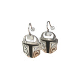 Close up of Protector earrings by indigenous artist sterling silver