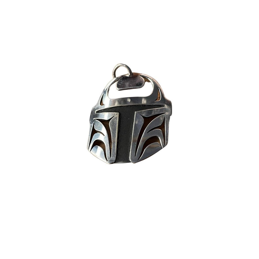 Close up of Protector pendant by indigenous artist sterling silver