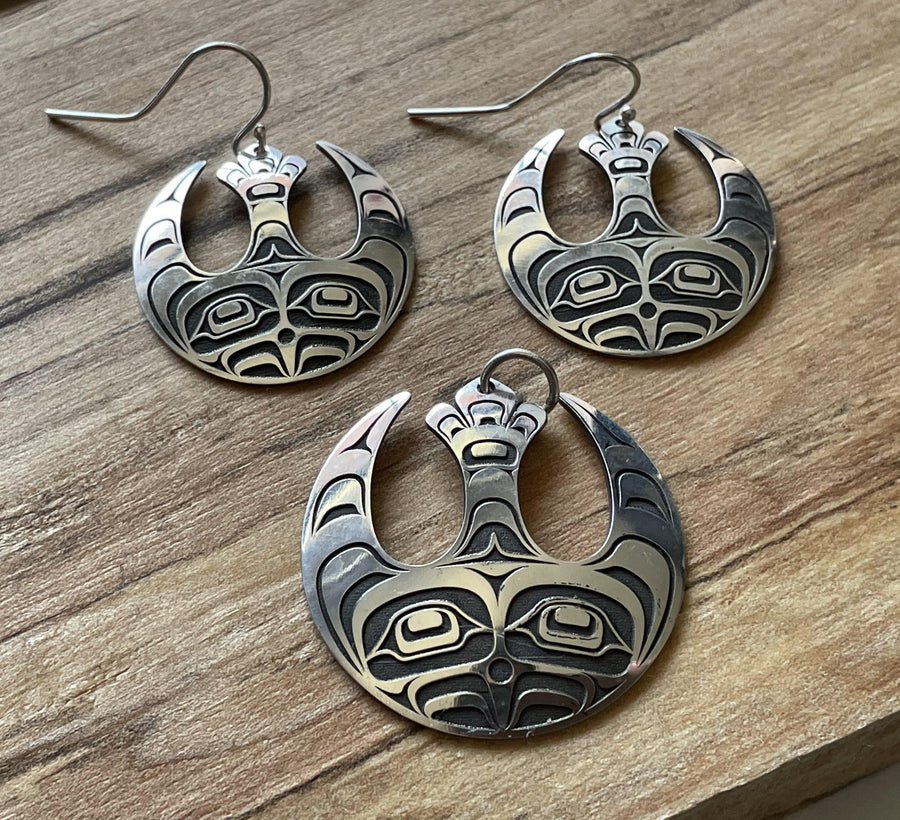 Close up of Rebel earrings by indigenous artist silver 2