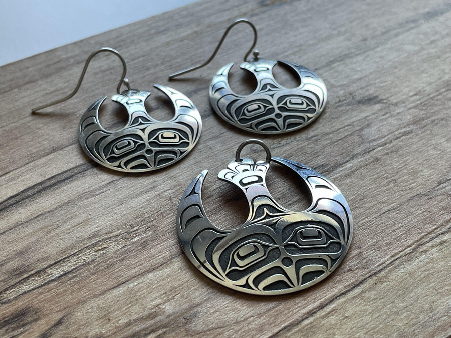 Close up of Rebel earrings by indigenous artist silver 3