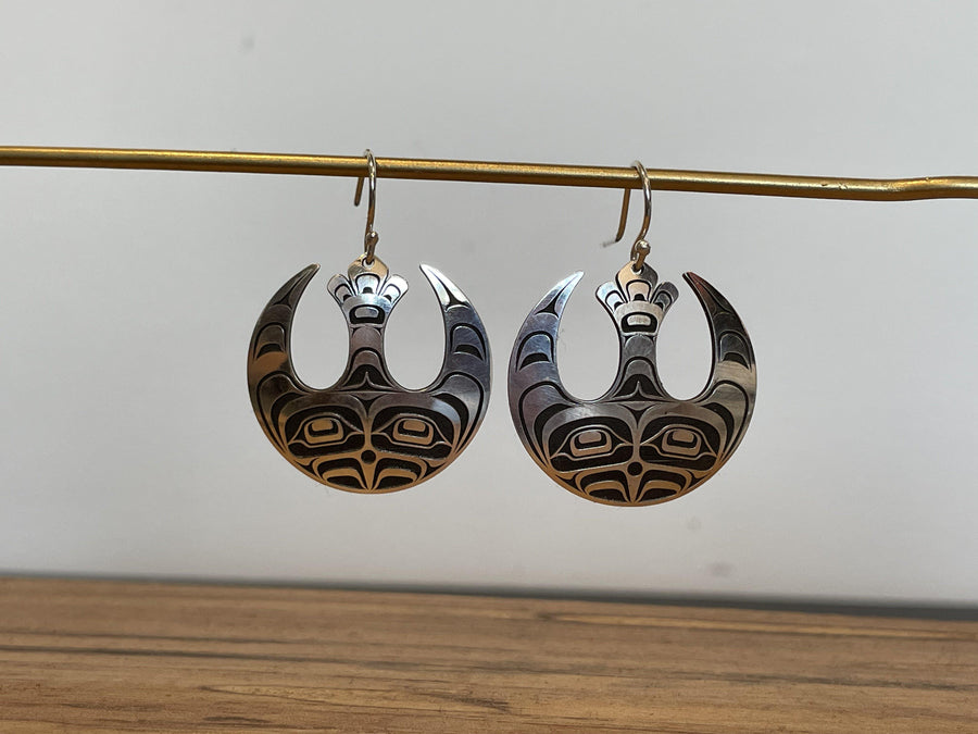 Close up of Rebel earrings by indigenous artist silver 4