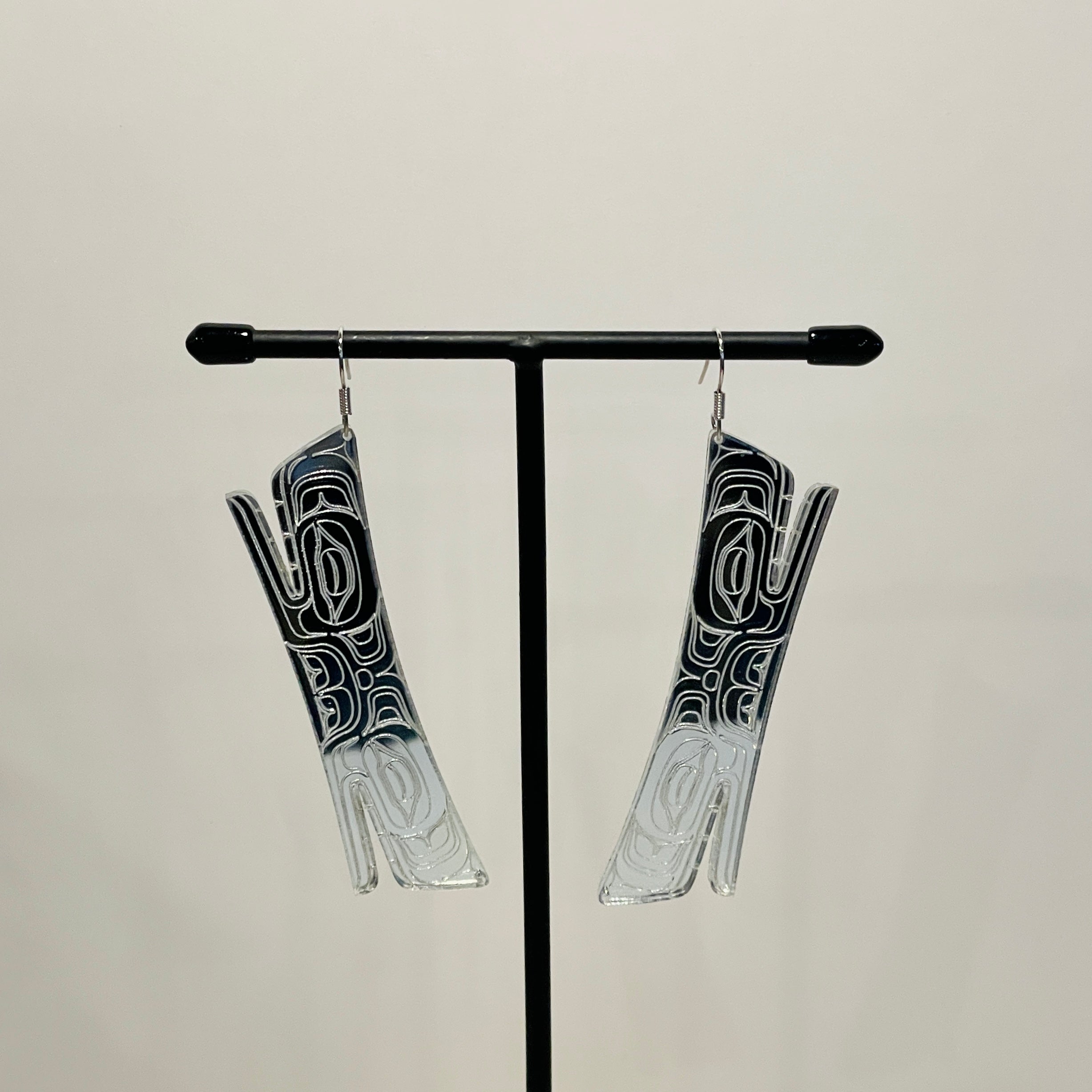 Close up up of soul catcher earrings by indigenous artist acrylic 2