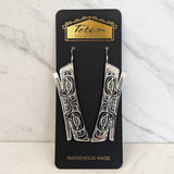 Close up up of soul catcher earrings by indigenous artist acrylic 3